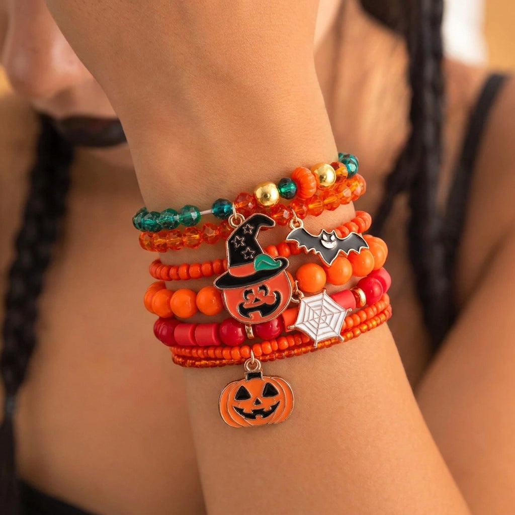 Stackable Beaded Bracelet Set With Spooky Charms