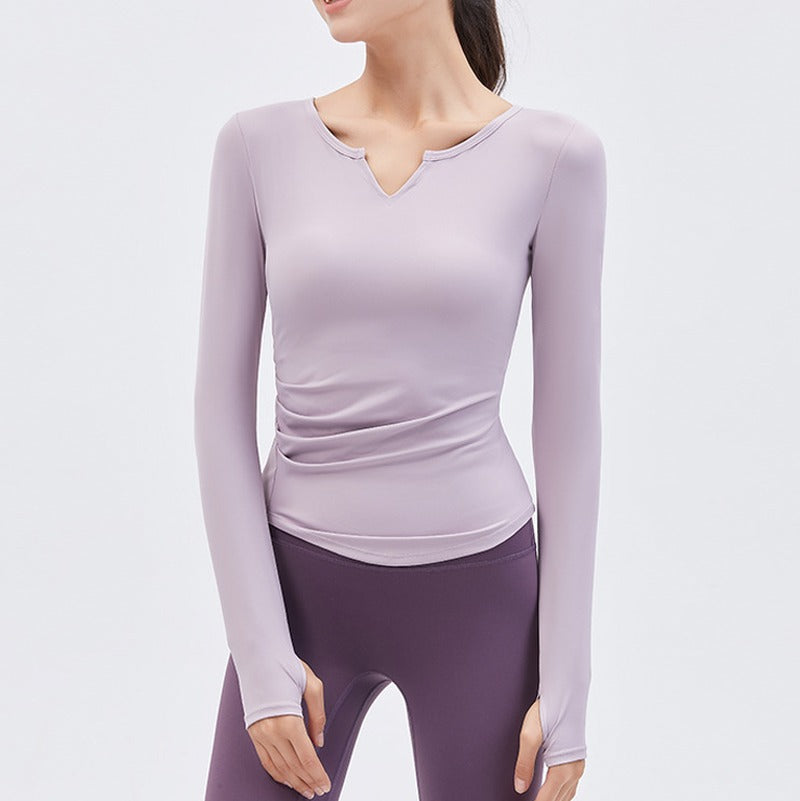 Padded Ruched Notch Neck Long Sleeve Yoga Top - Lavender