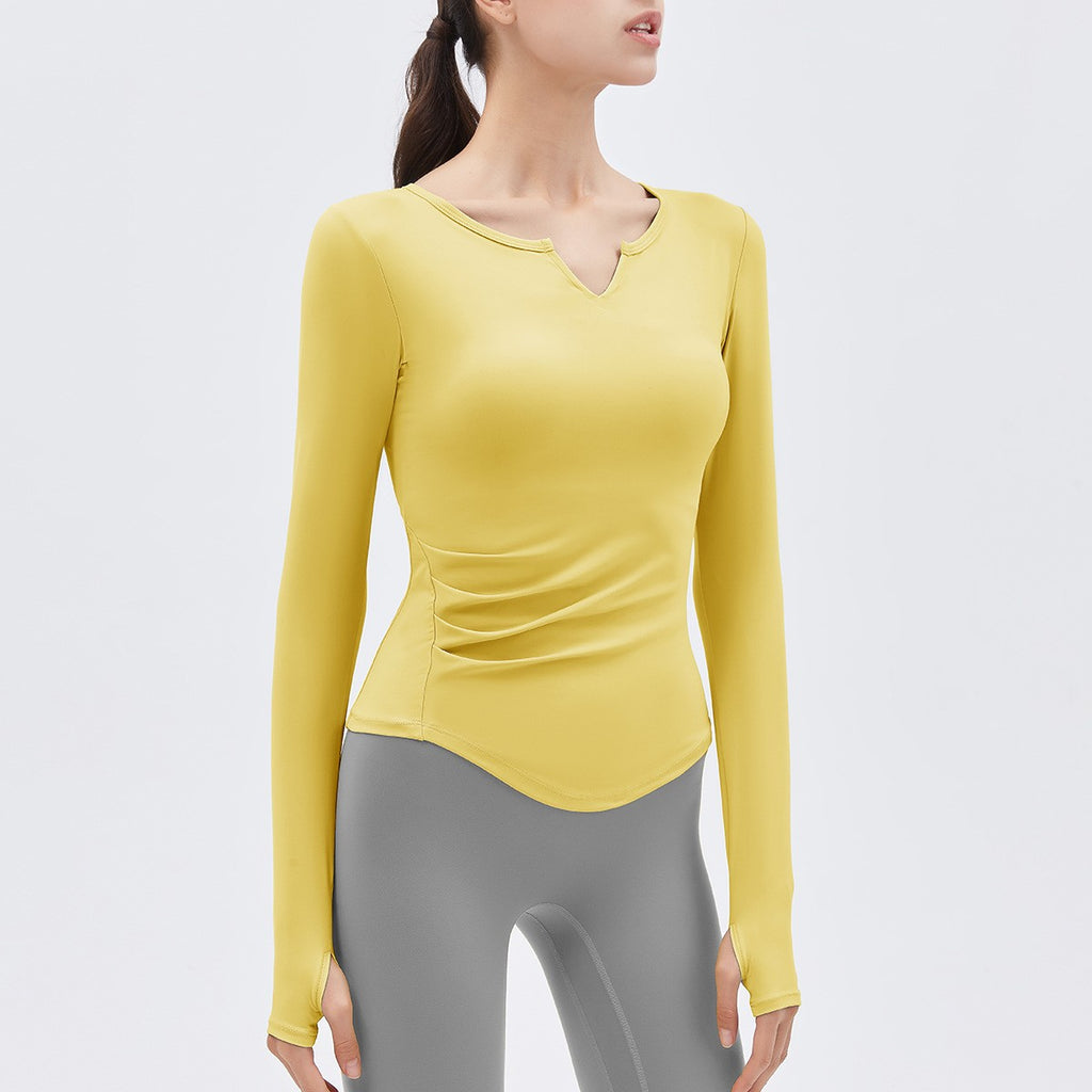 Padded Ruched Notch Neck Long Sleeve Yoga Top - Lemon Yellow