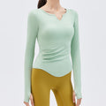 Padded Ruched Notch Neck Long Sleeve Yoga Top - Mint Green