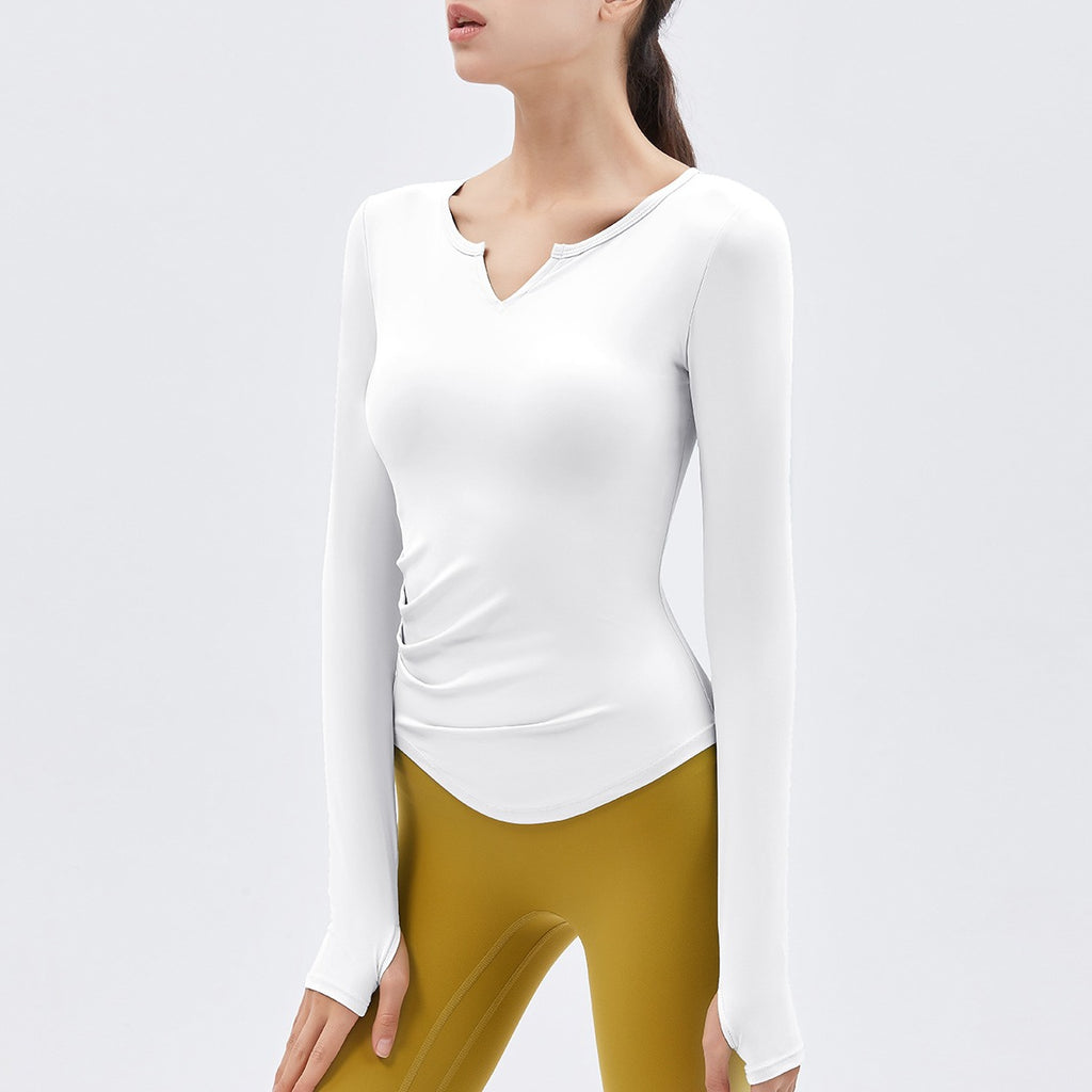 Padded Ruched Notch Neck Long Sleeve Yoga Top - White