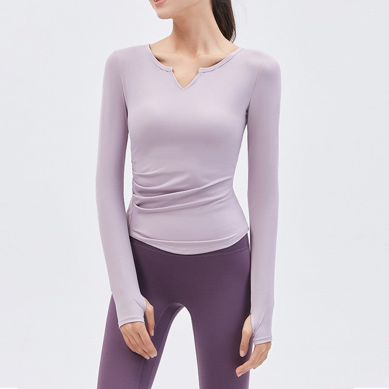 Padded Ruched Notch Neck Long Sleeve Yoga Top
