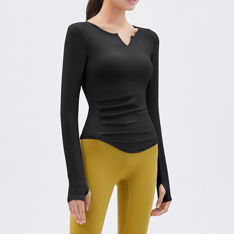 Padded Ruched Notch Neck Long Sleeve Yoga Top
