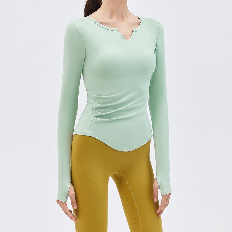 Padded Ruched Notch Neck Long Sleeve Yoga Top