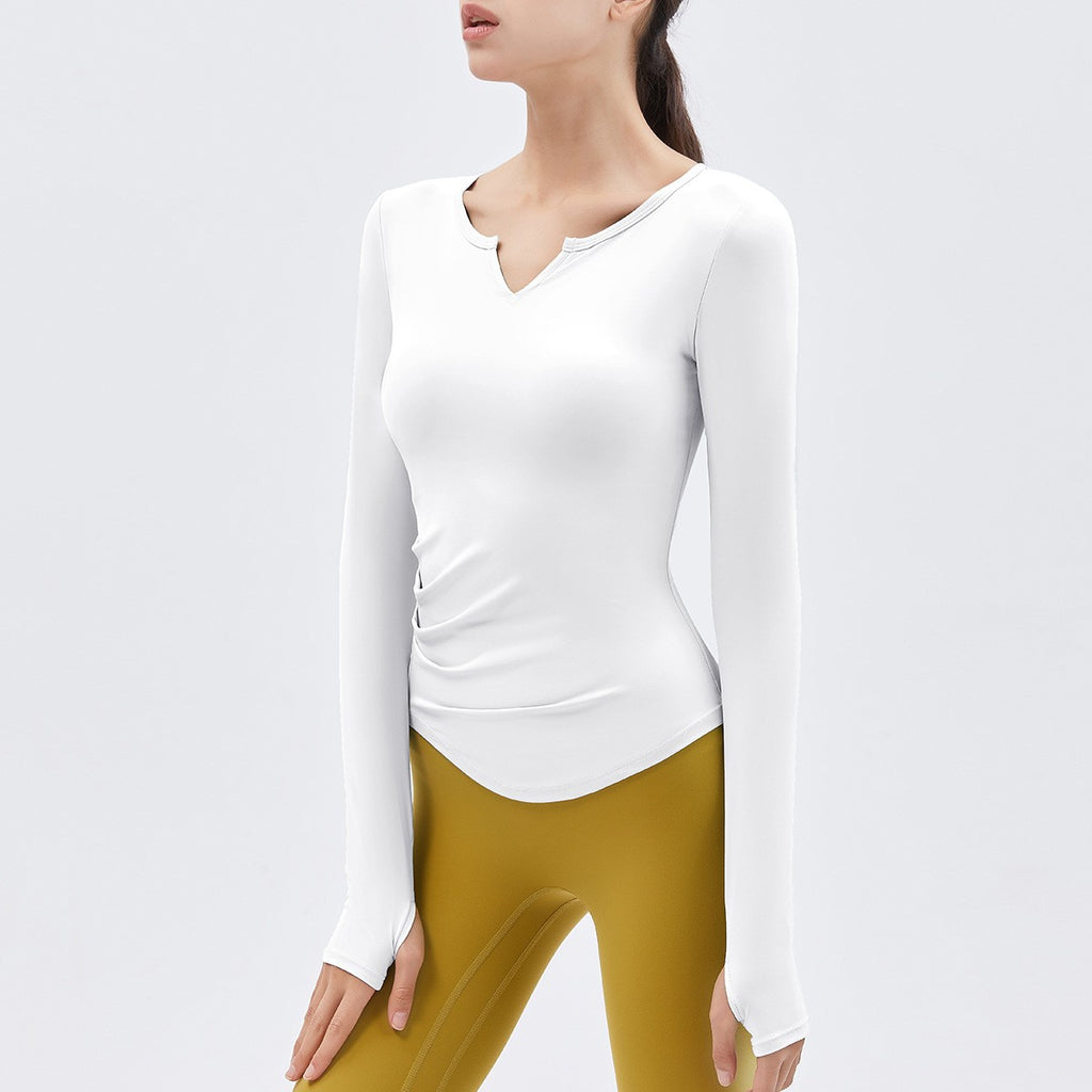 Padded Ruched Notch Neck Long Sleeve Yoga Top
