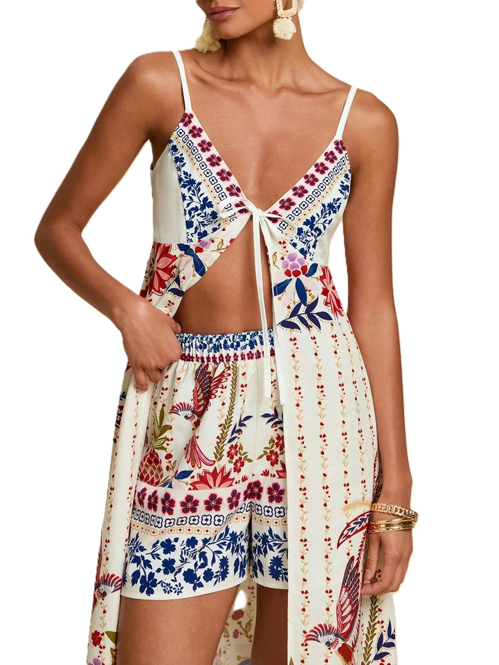 Boho Print Maxi Overlay Tank And Shorts Set