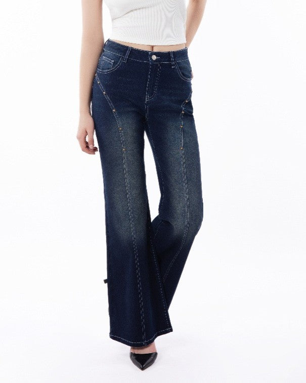 Retro Whiskered Flare Leg Denim Jeans - DarkBlue