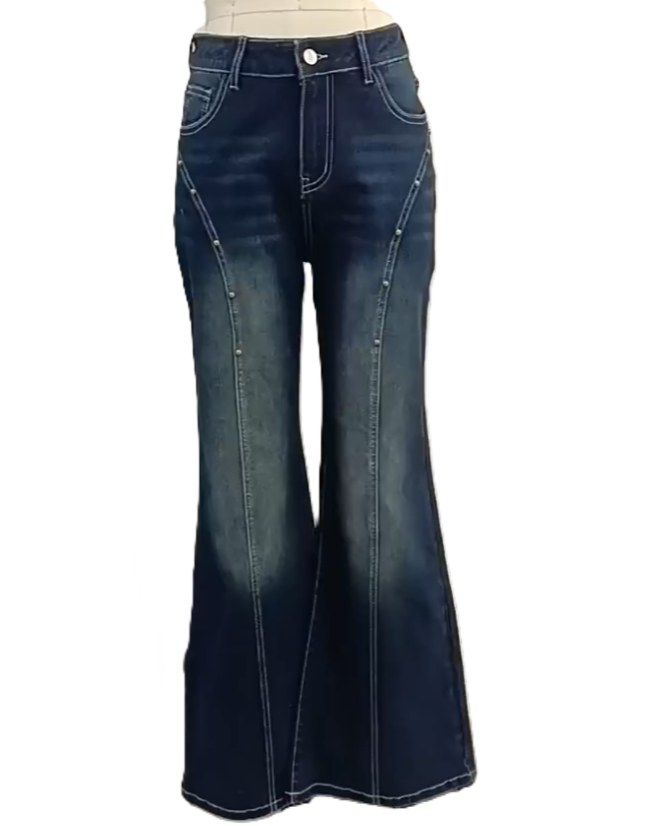 Retro Whiskered Flare Leg Denim Jeans - DarkBlue - 1