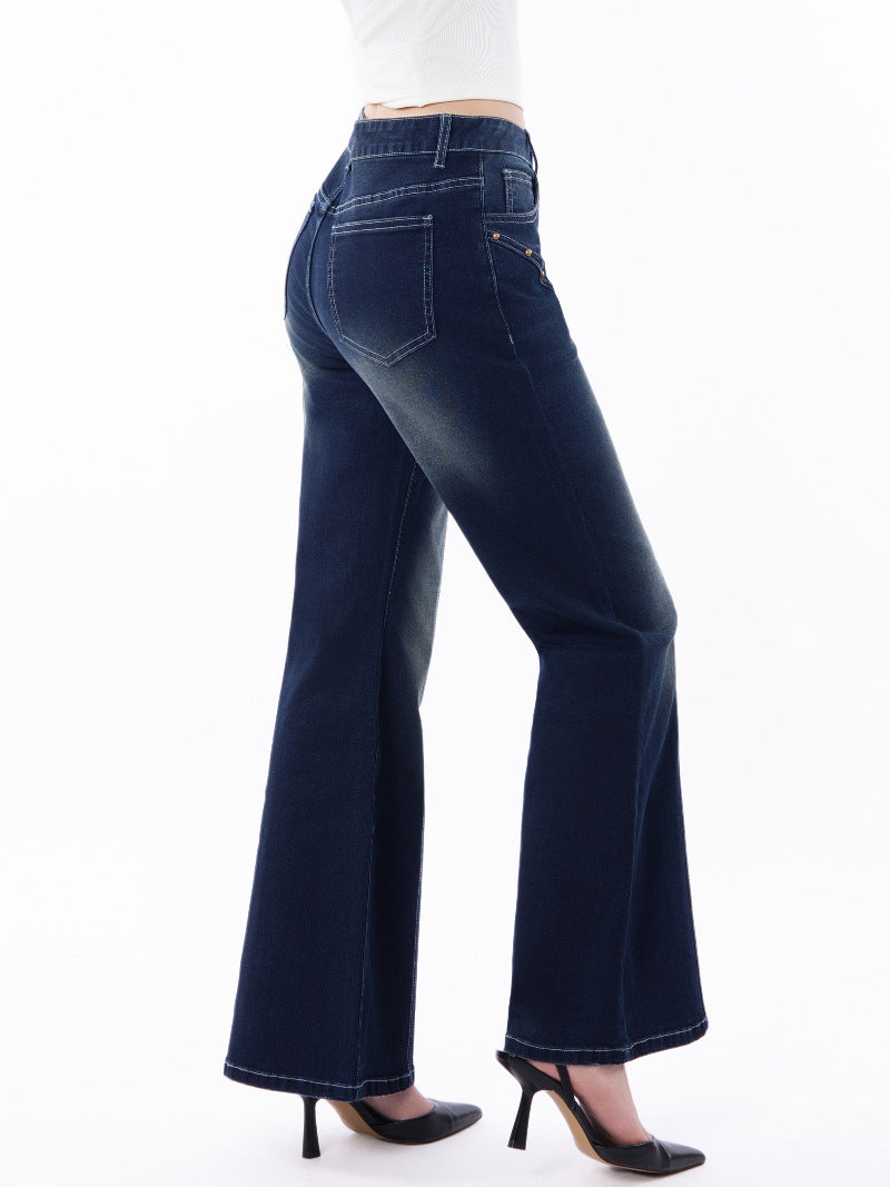 Retro Whiskered Flare Leg Denim Jeans - DarkBlue - 2
