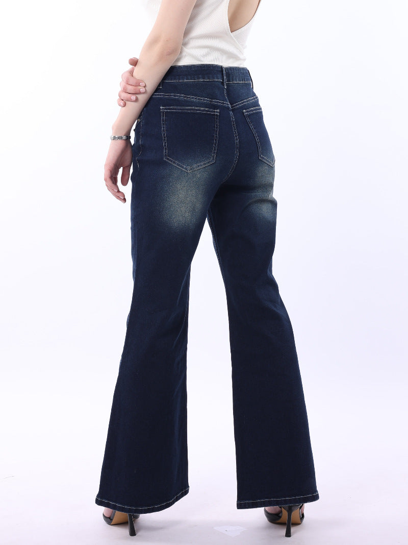 Retro Whiskered Flare Leg Denim Jeans - DarkBlue - 3