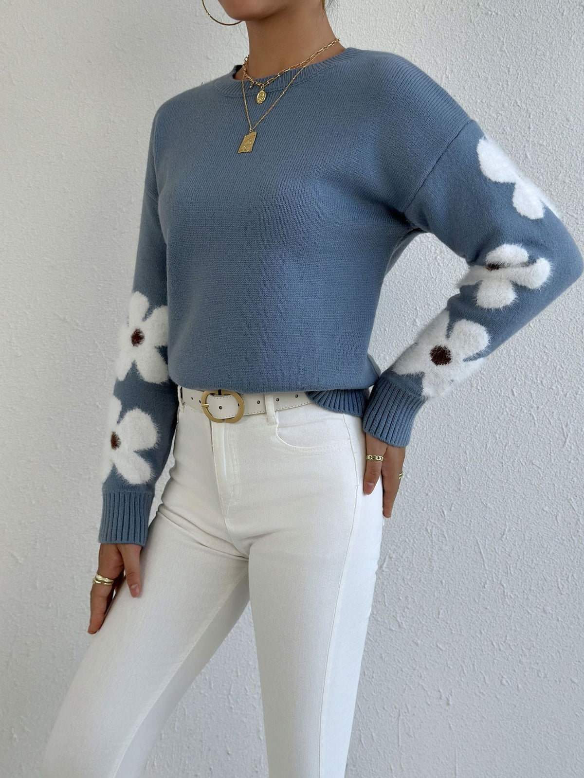 Floral Sleeve Jacquard Knit Sweater - Blue