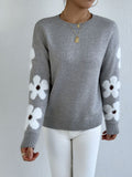 Floral Sleeve Jacquard Knit Sweater - Gray