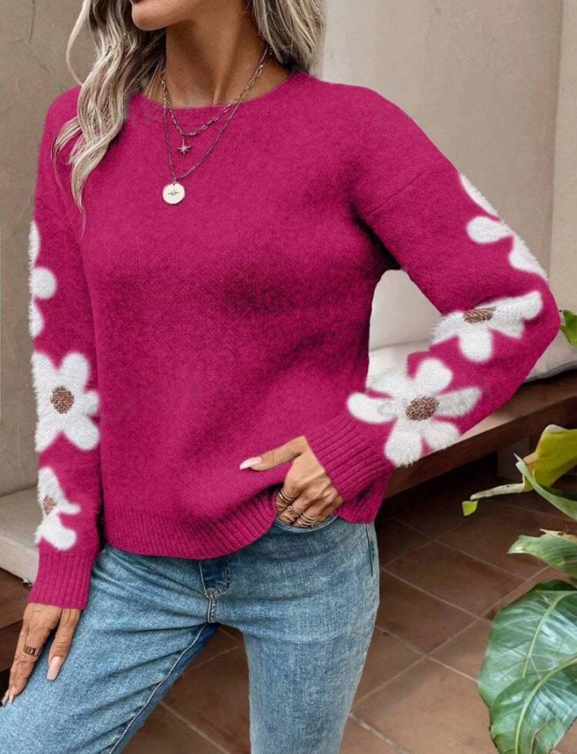 Floral Sleeve Jacquard Knit Sweater - RoseRed