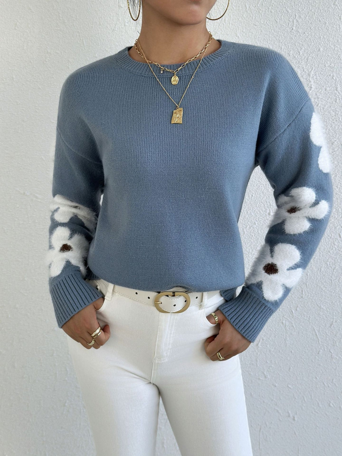 Floral Sleeve Jacquard Knit Sweater