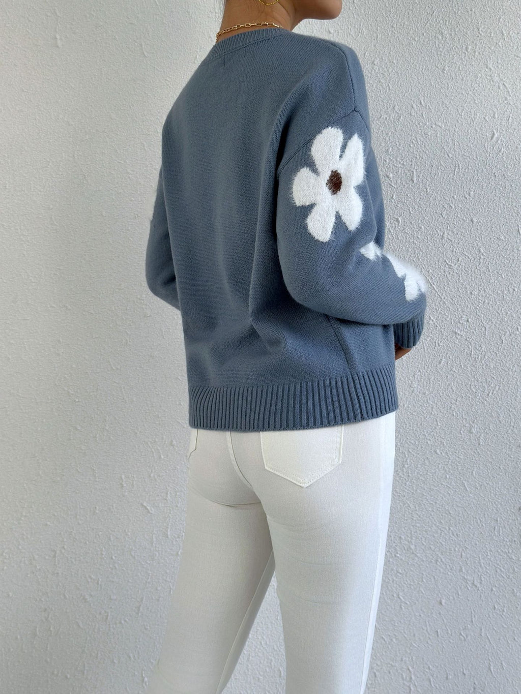 Floral Sleeve Jacquard Knit Sweater - view 1