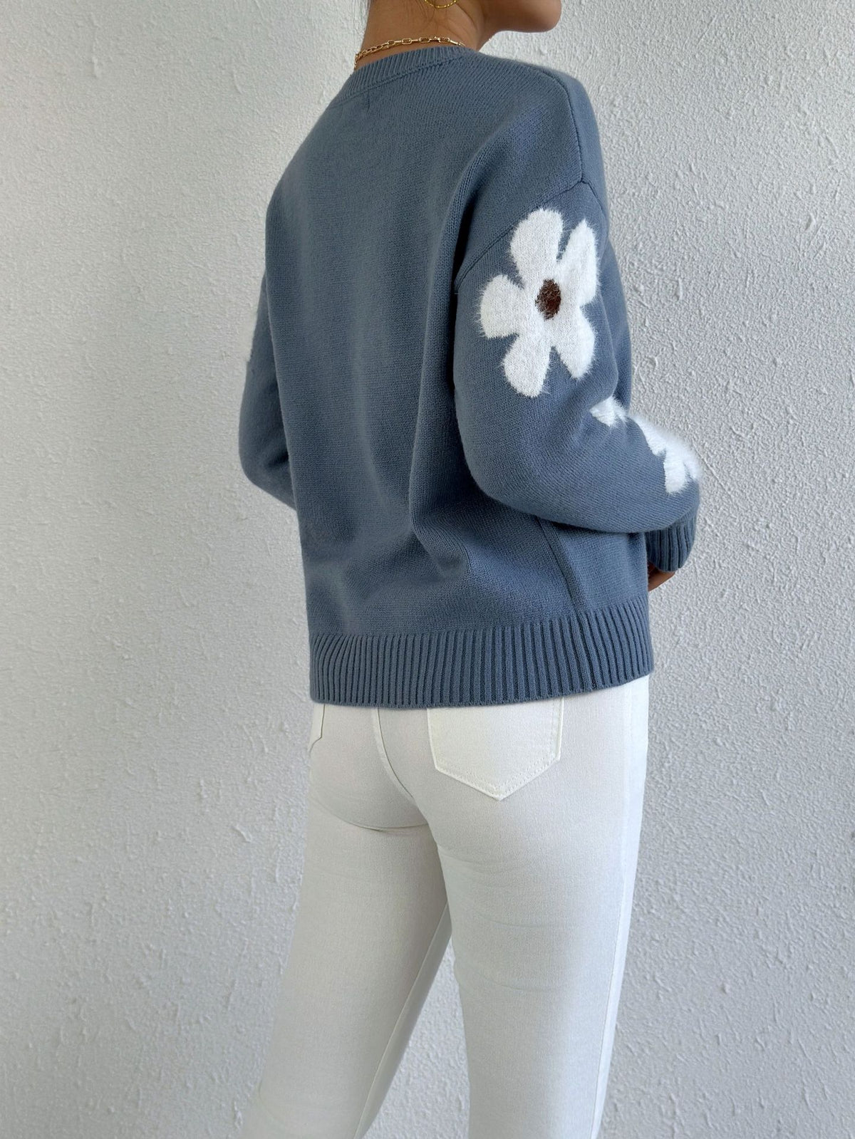 Floral Sleeve Jacquard Knit Sweater - view 1