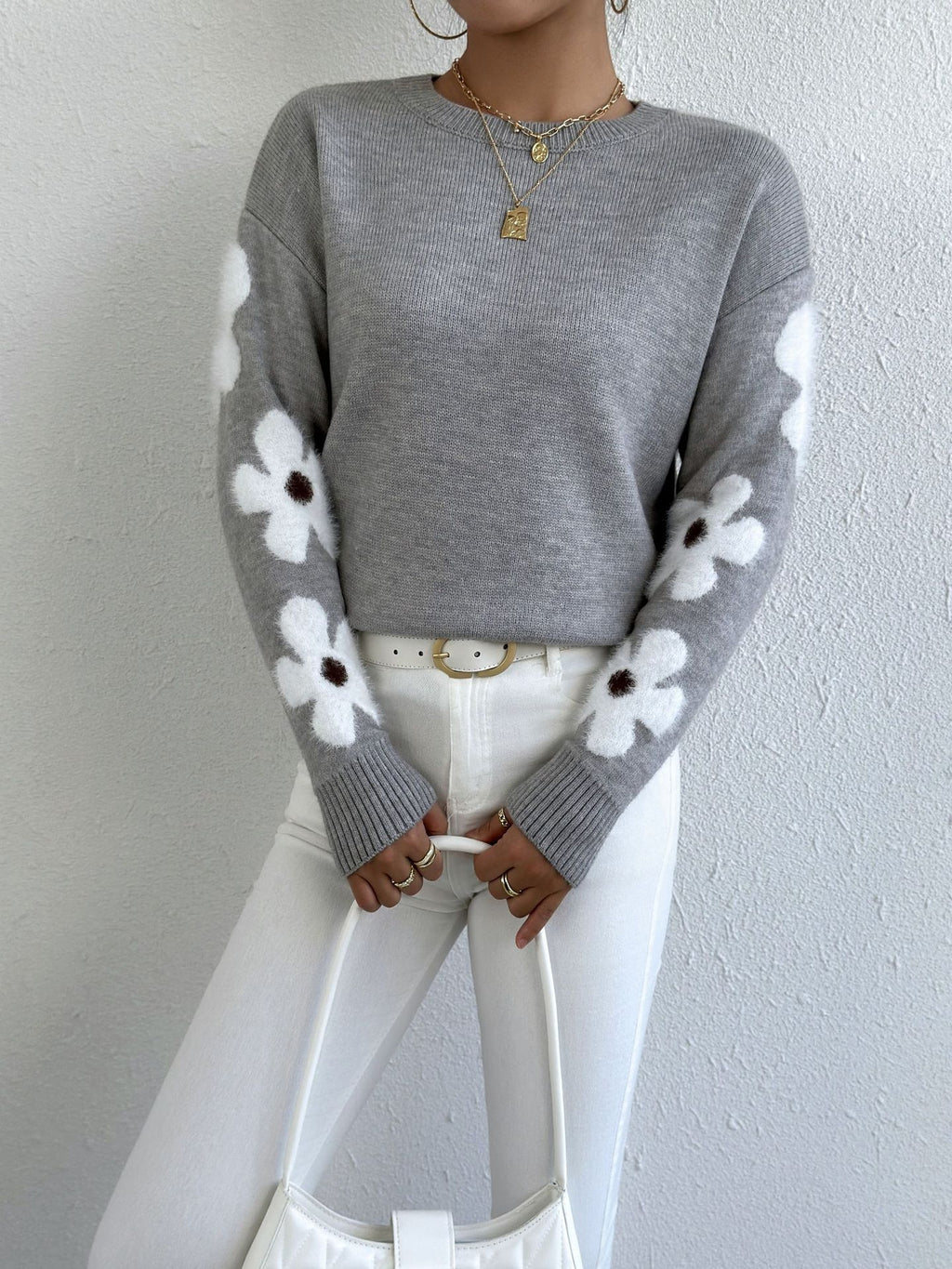 Floral Sleeve Jacquard Knit Sweater - view 3