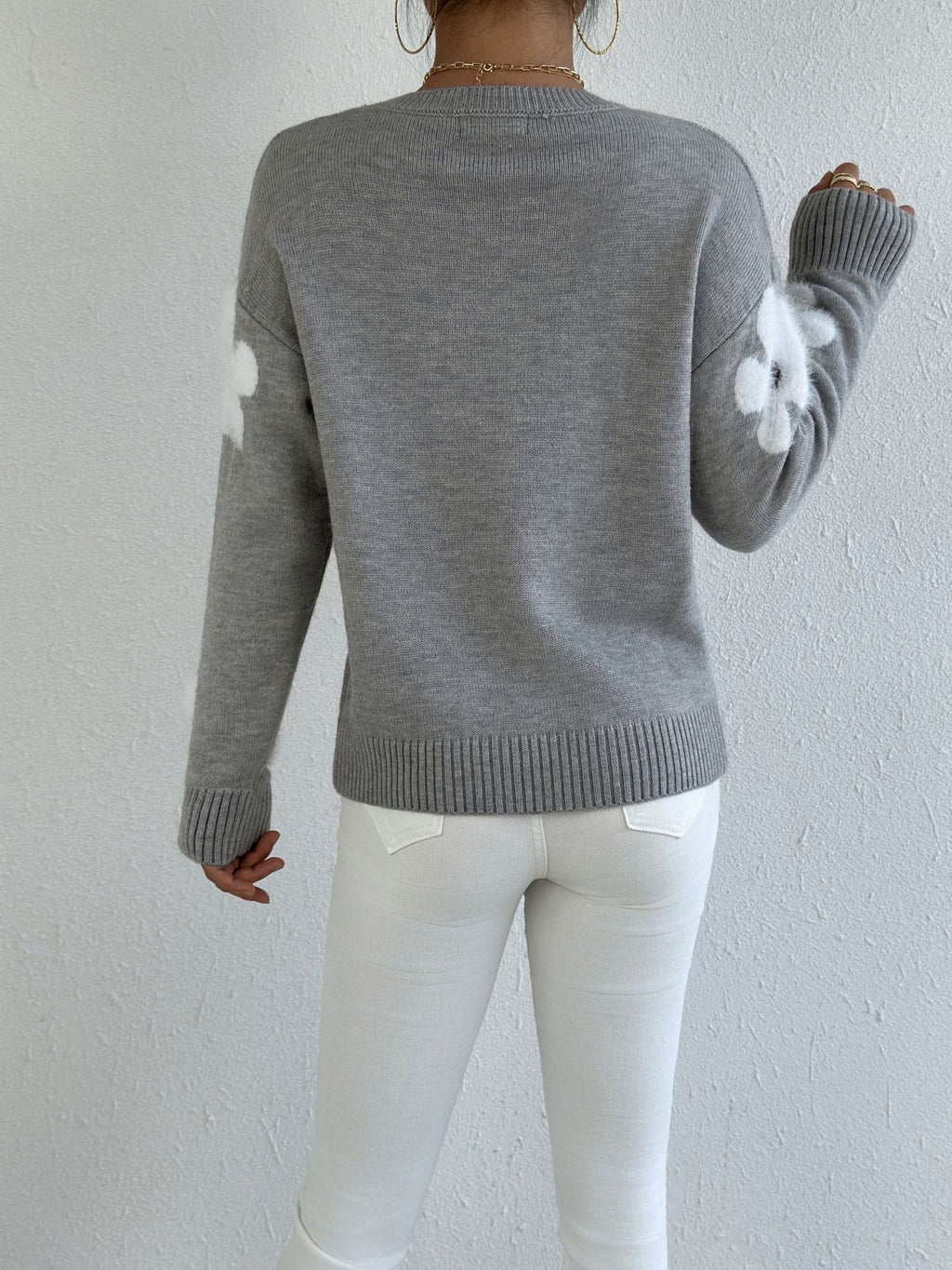 Floral Sleeve Jacquard Knit Sweater - view 4