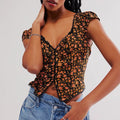 Ditsy Print Sweetheart Neck Cap Sleeve Top - Black