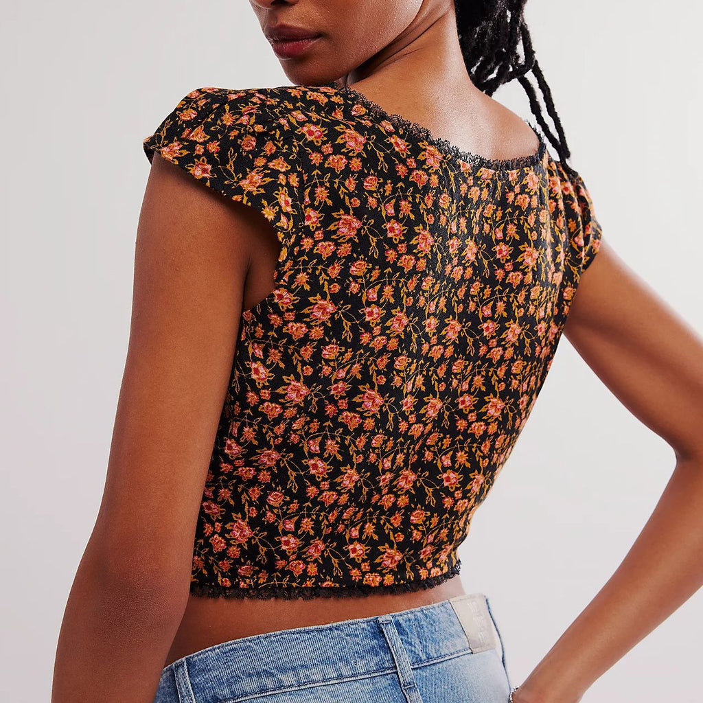 Ditsy Print Sweetheart Neck Cap Sleeve Top - Black - 1