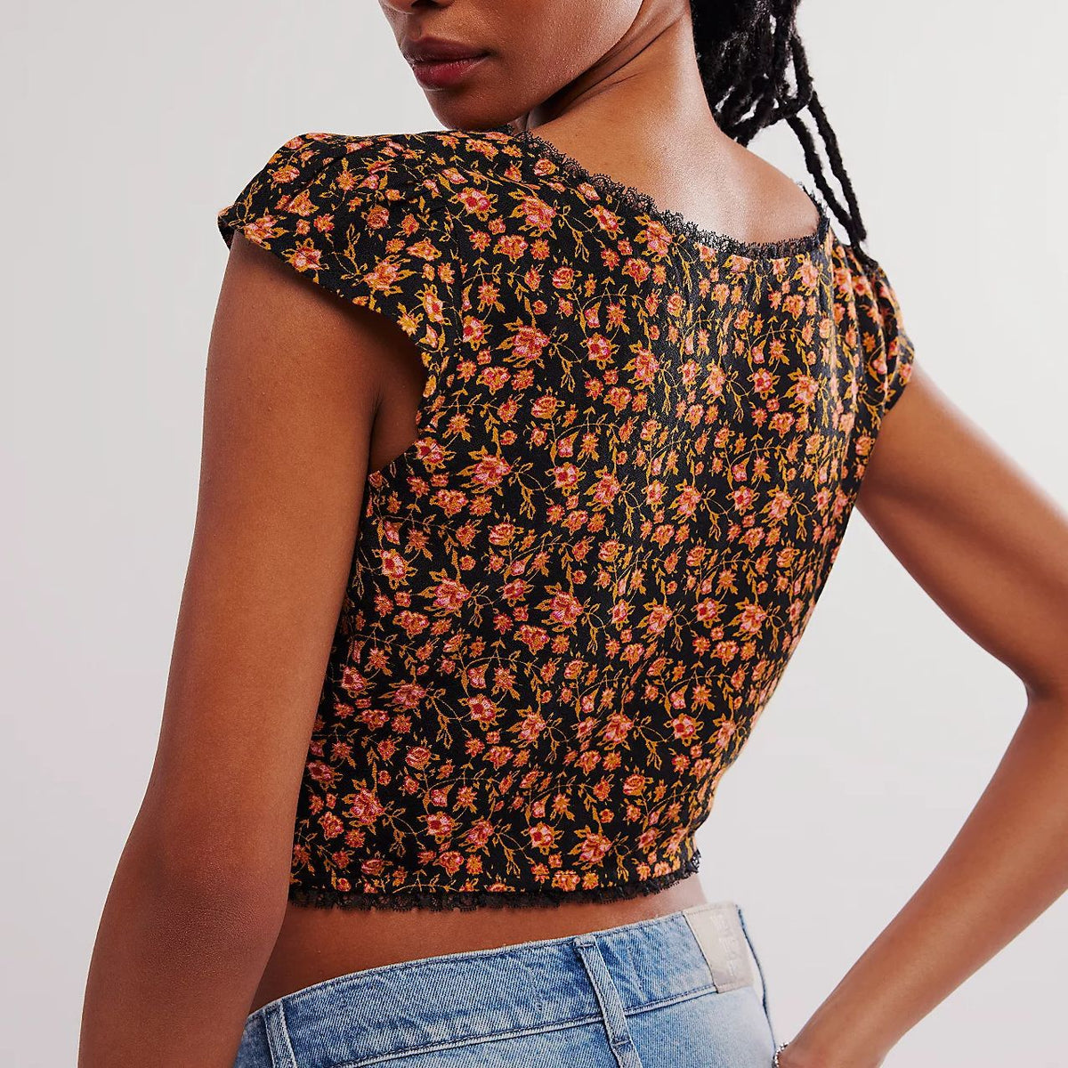 Ditsy Print Sweetheart Neck Cap Sleeve Top - Black - 1