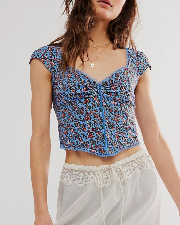 Ditsy Print Sweetheart Neck Cap Sleeve Top - Blue