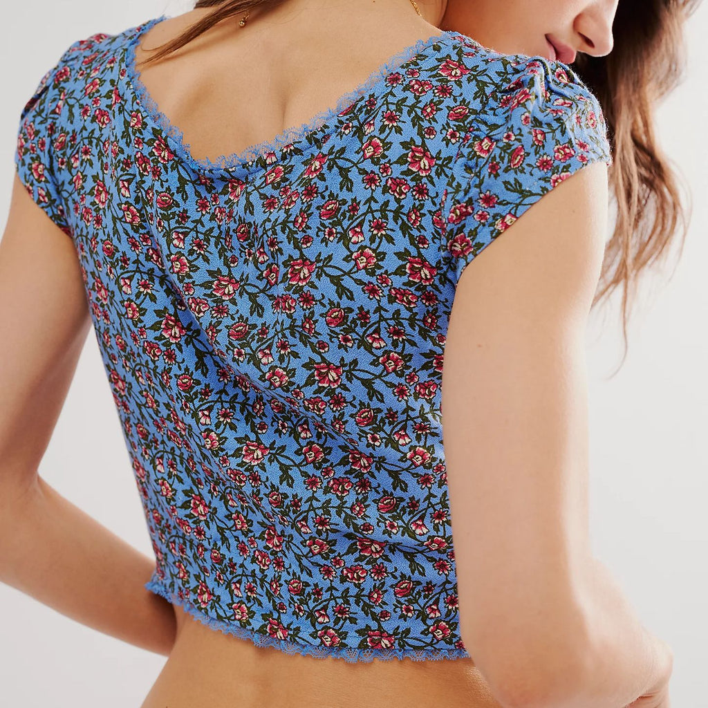 Ditsy Print Sweetheart Neck Cap Sleeve Top - Blue - 1