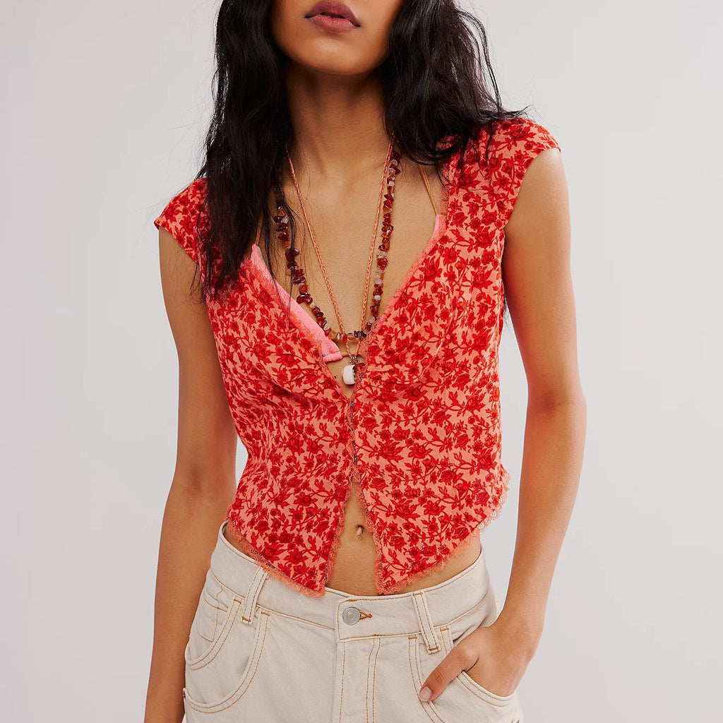Ditsy Print Sweetheart Neck Cap Sleeve Top - Red