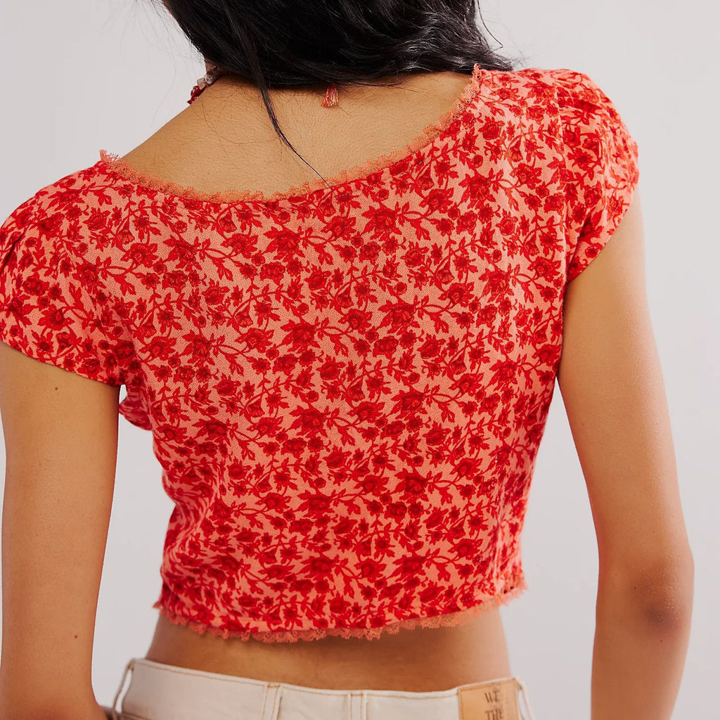 Ditsy Print Sweetheart Neck Cap Sleeve Top - Red - 2