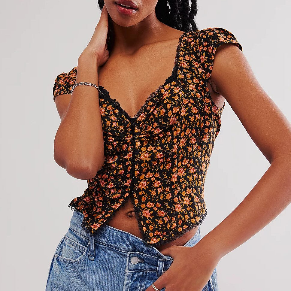 Ditsy Print Sweetheart Neck Cap Sleeve Top