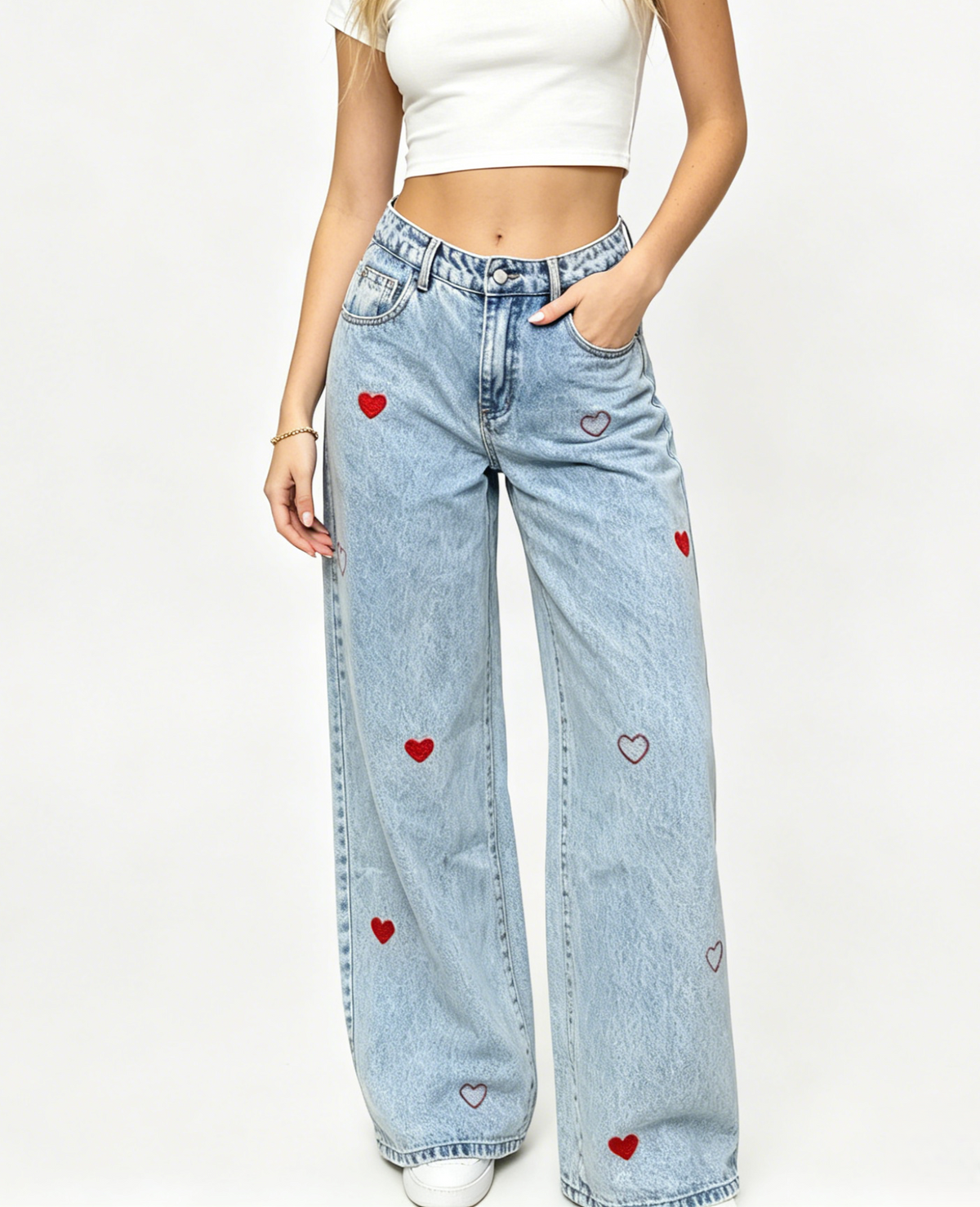 Heart Embroidered Wide Leg Baggy Jeans - Blue