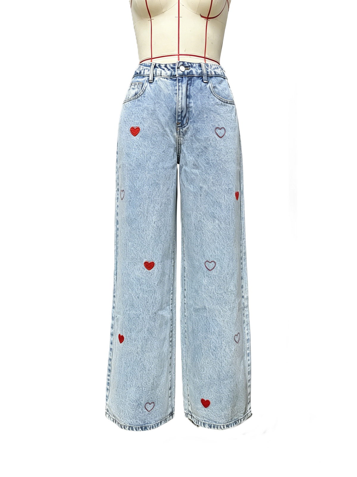 Heart Embroidered Wide Leg Baggy Jeans - Blue - 1
