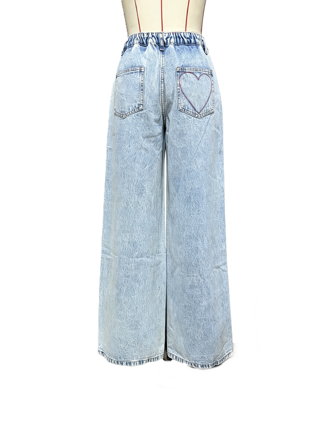 Heart Embroidered Wide Leg Baggy Jeans - Blue - 2