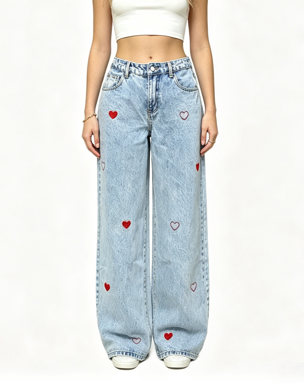 Heart Embroidered Wide Leg Baggy Jeans - Blue - 3