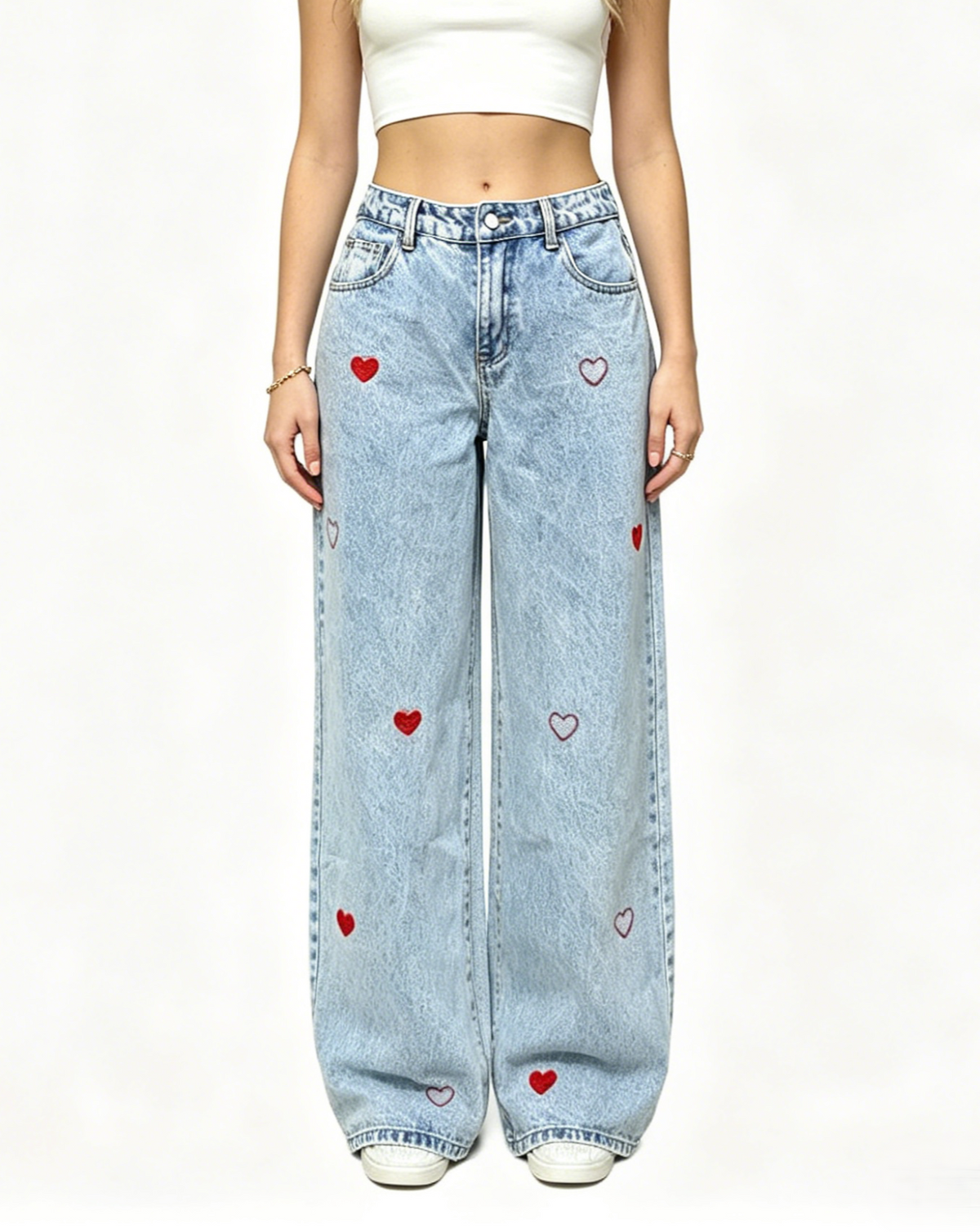 Heart Embroidered Wide Leg Baggy Jeans - Blue - 3