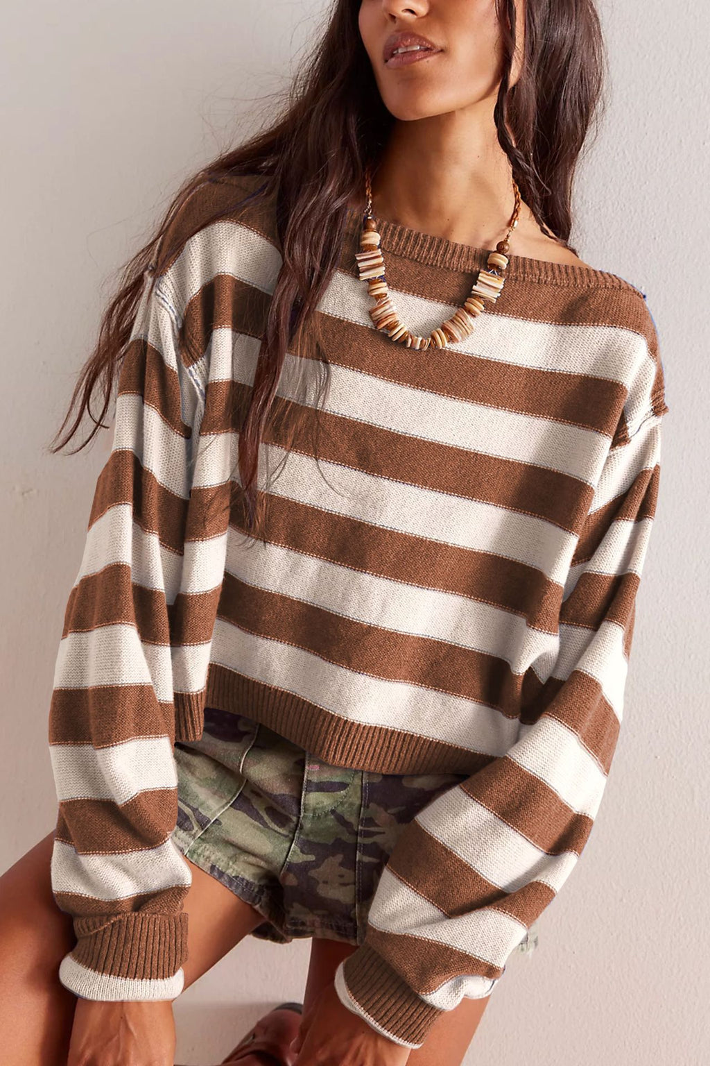 Wide Stripe Drop Shoulder Cropped Knit Top - Coffee
