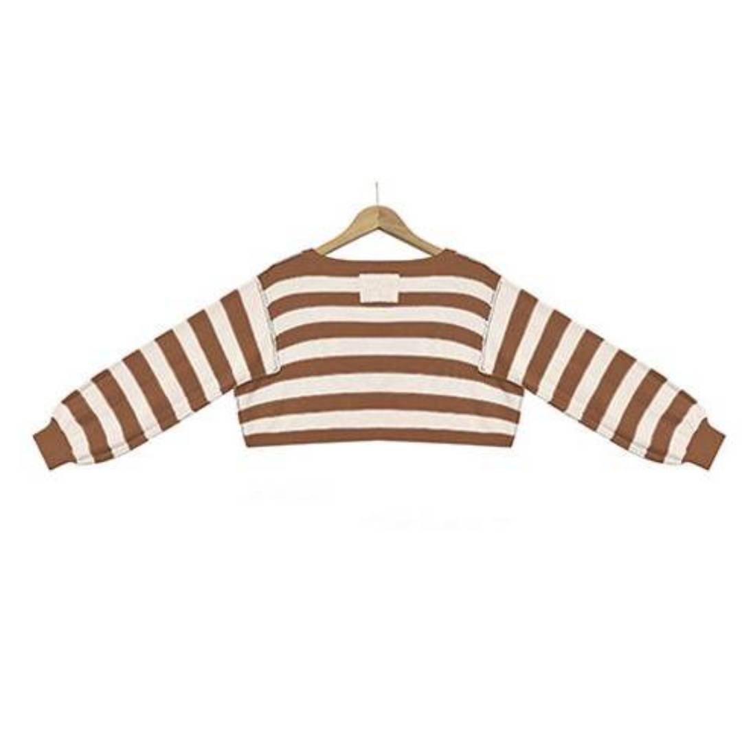 Wide Stripe Drop Shoulder Cropped Knit Top - Coffee - 2