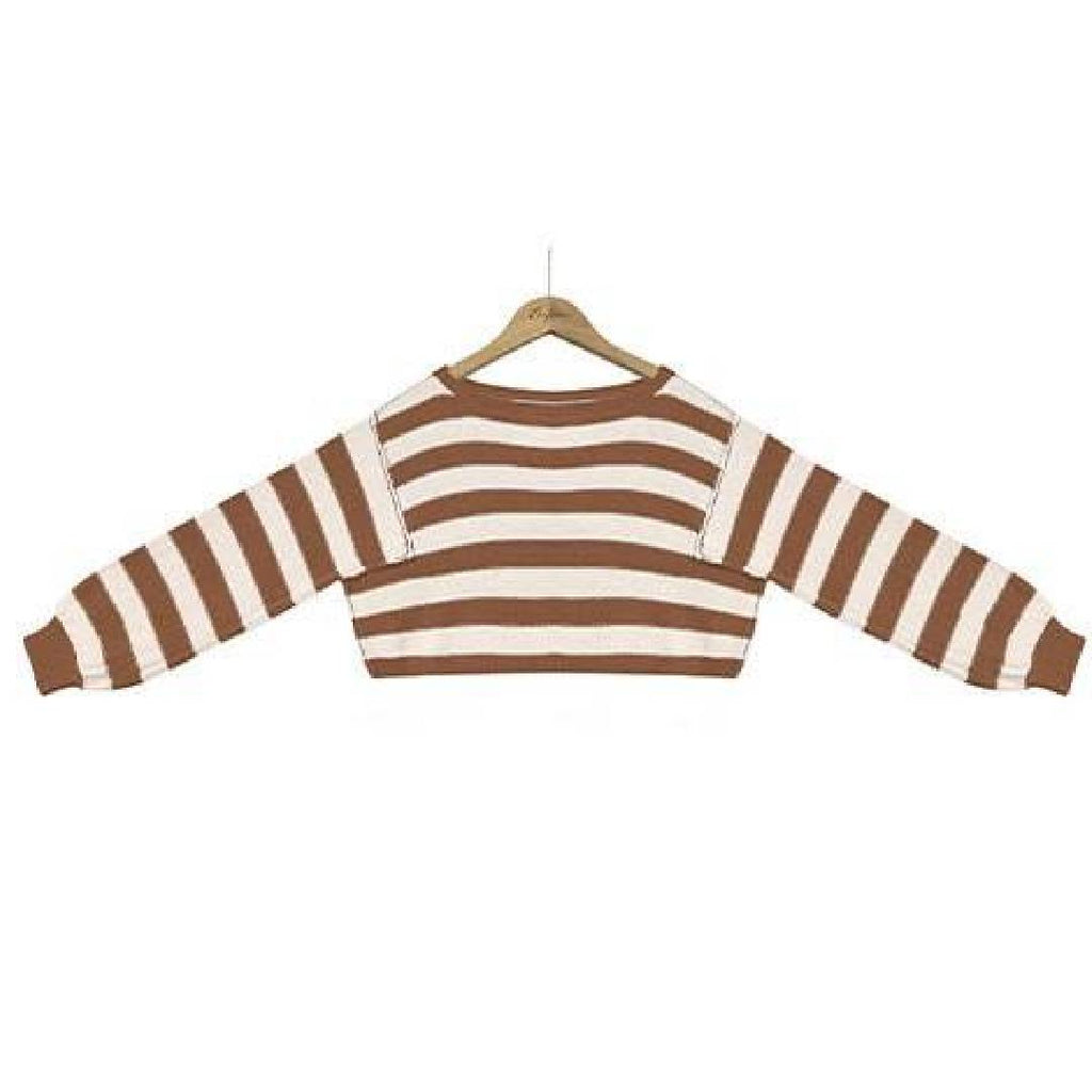 Wide Stripe Drop Shoulder Cropped Knit Top - Coffee - 3