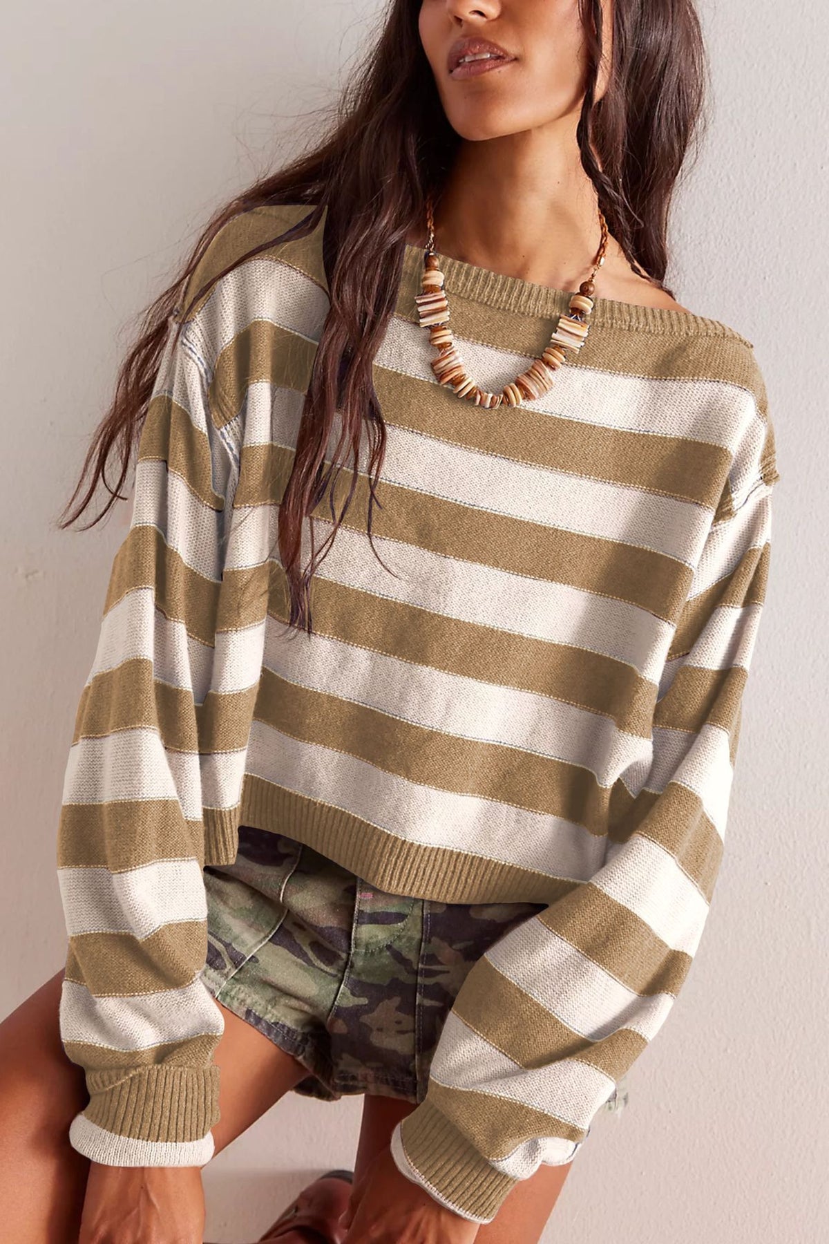 Wide Stripe Drop Shoulder Cropped Knit Top - Khaki