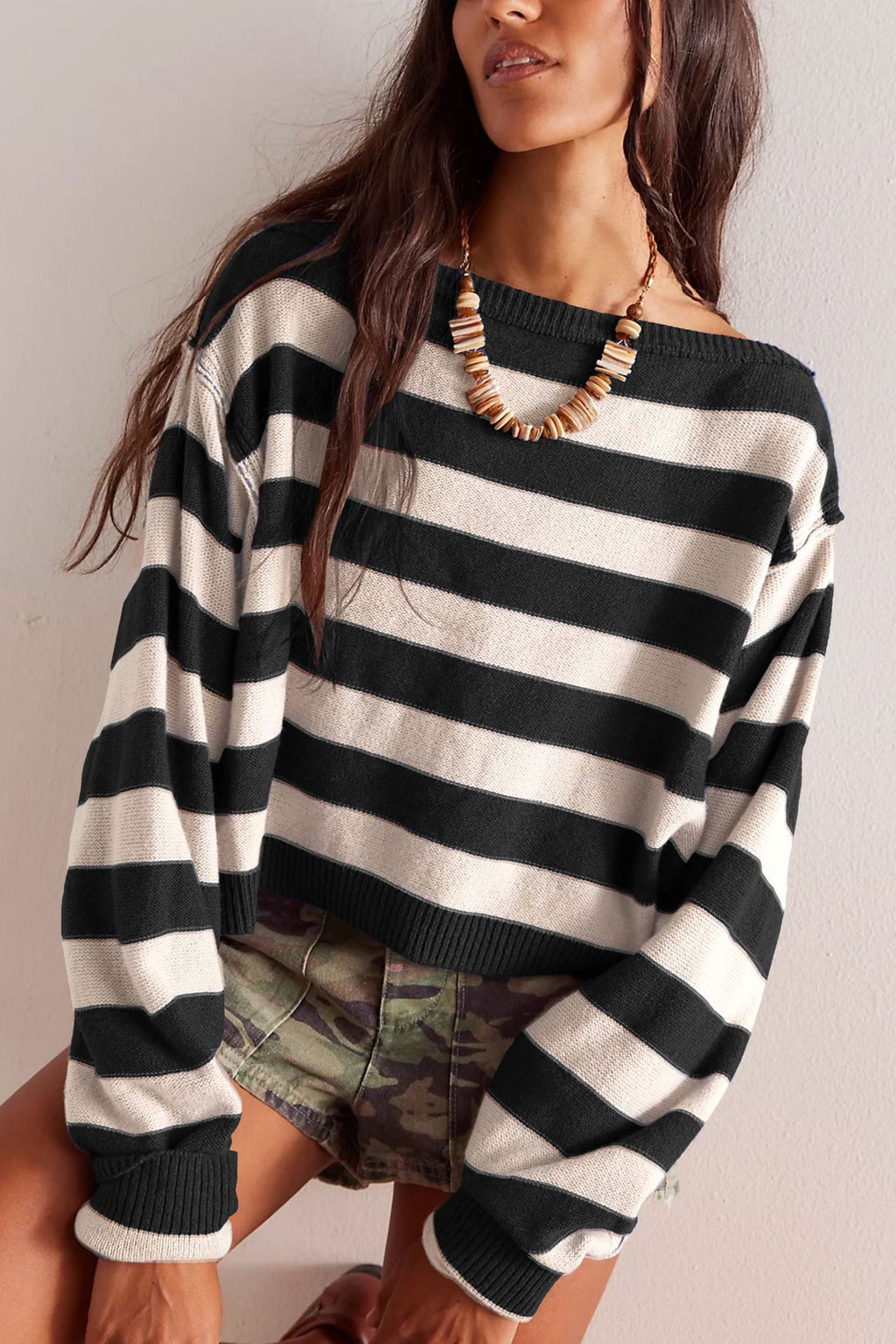 Wide Stripe Drop Shoulder Cropped Knit Top - black