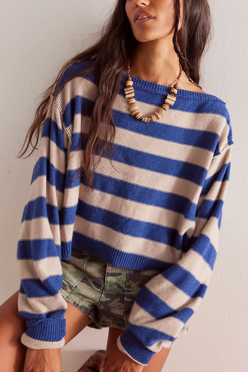 Wide Stripe Drop Shoulder Cropped Knit Top - blue