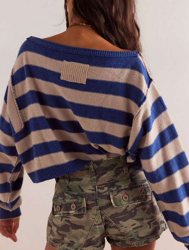 Wide Stripe Drop Shoulder Cropped Knit Top - blue - 1