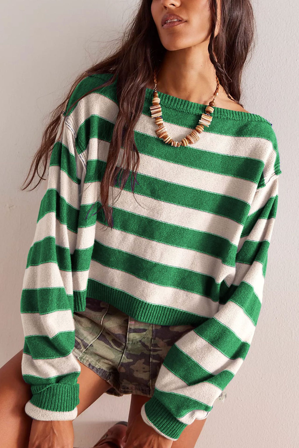Wide Stripe Drop Shoulder Cropped Knit Top - green