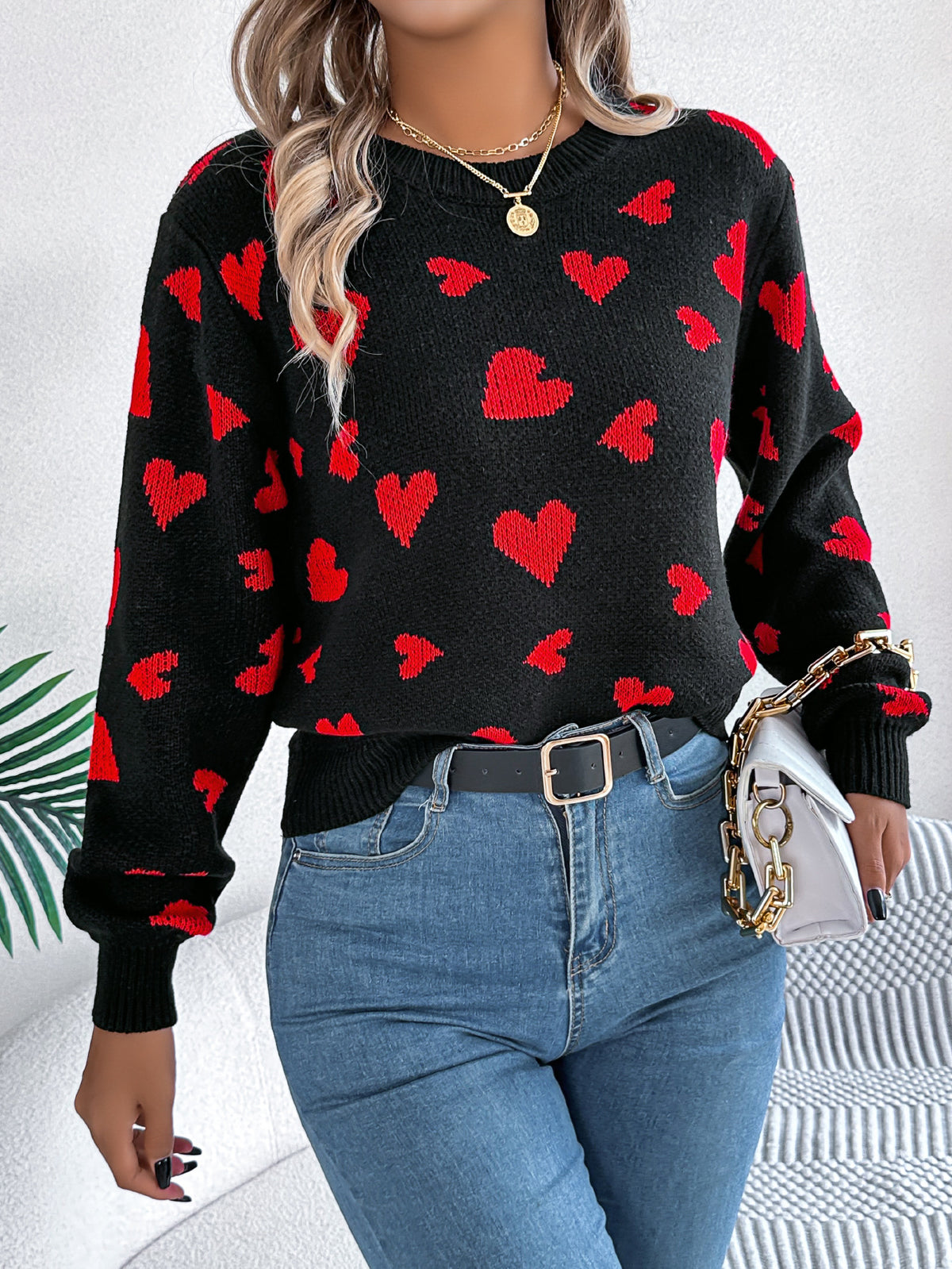 Allover Heart Print Balloon Sleeve Sweater - Black - 1