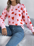 Allover Heart Print Balloon Sleeve Sweater - Pink