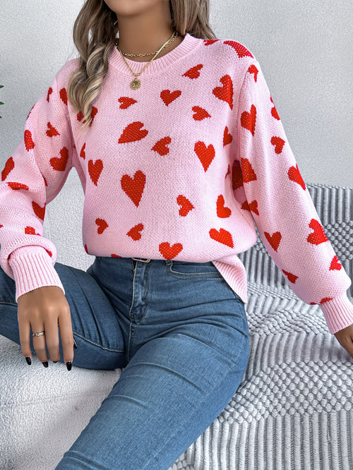 Allover Heart Print Balloon Sleeve Sweater - Pink