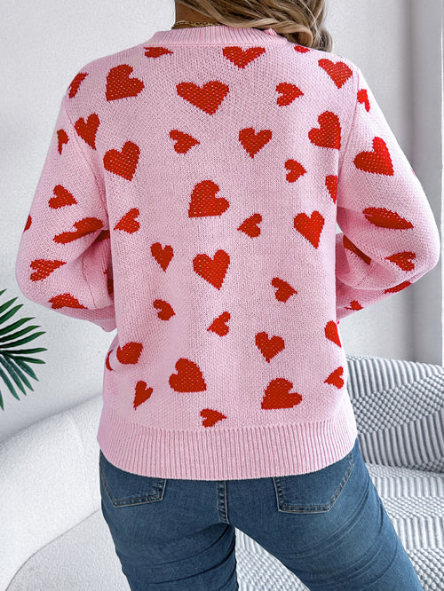 Allover Heart Print Balloon Sleeve Sweater - Pink - 1