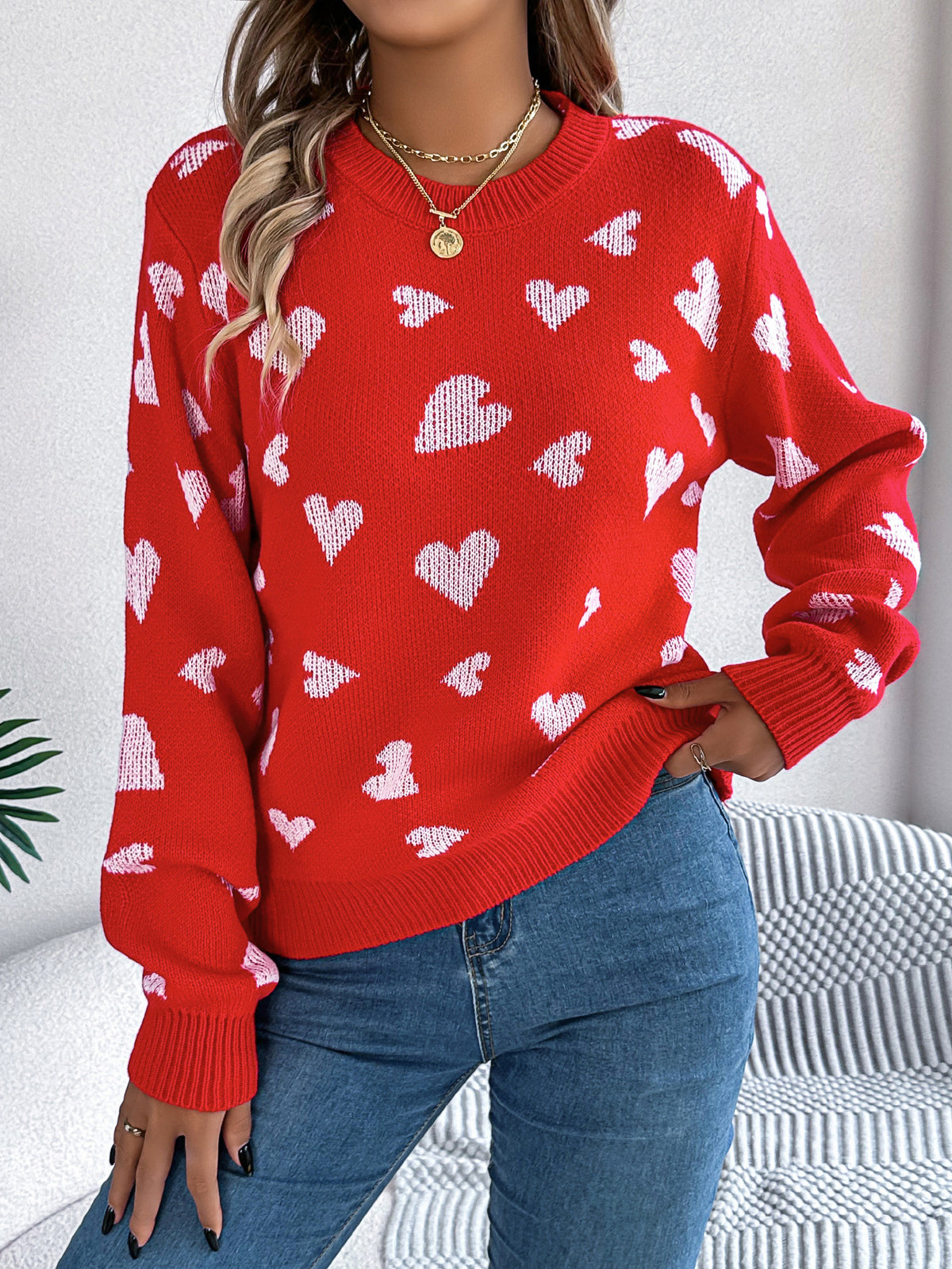 Allover Heart Print Balloon Sleeve Sweater - Red - 1
