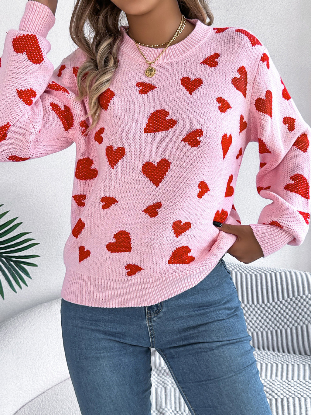 Allover Heart Print Balloon Sleeve Sweater