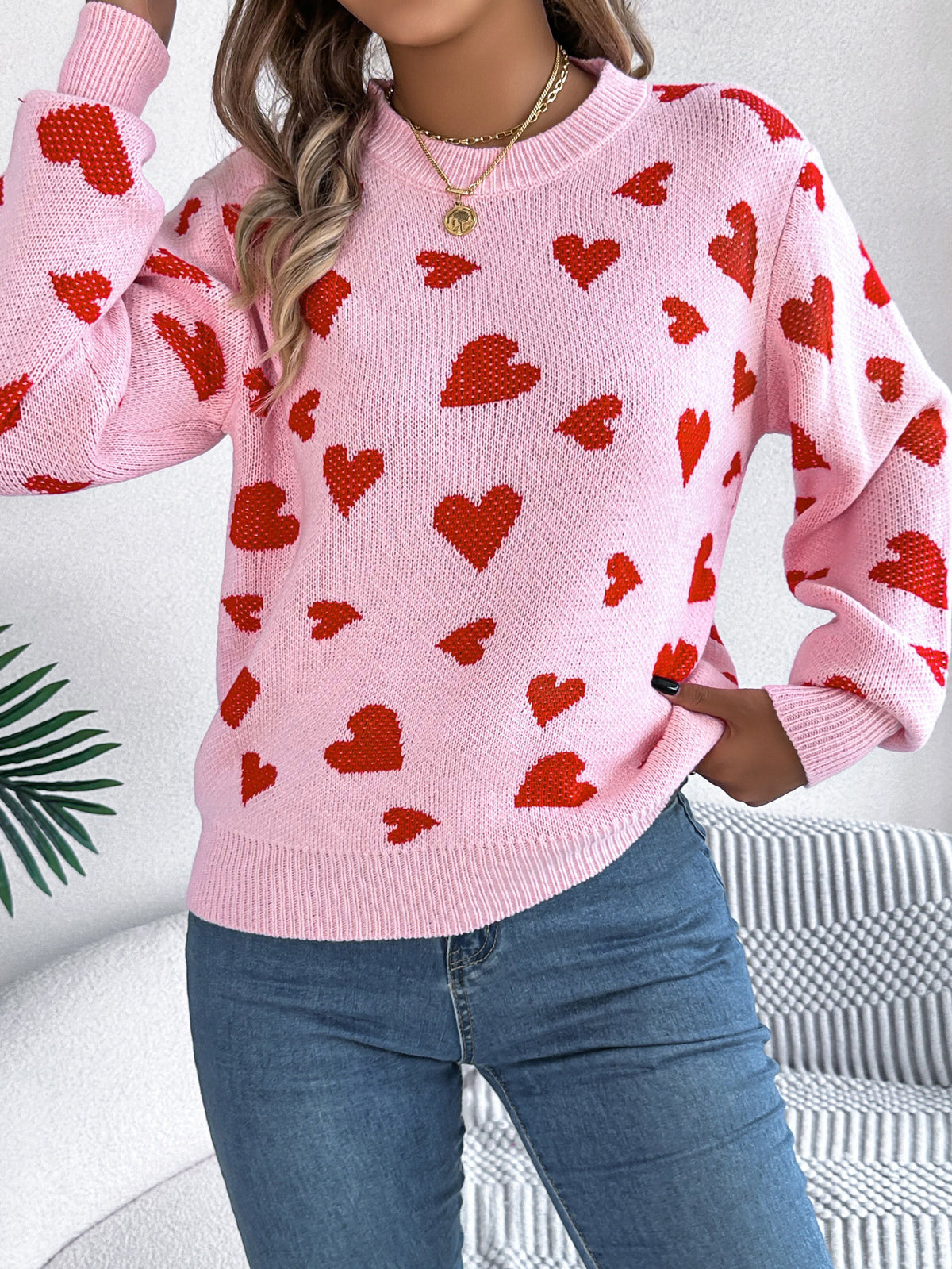 Allover Heart Print Balloon Sleeve Sweater